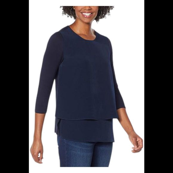 DG2 by Diane Gilman Women's Double Layer Mixed Sleeve Easy Tee Navy - Regular - Picture 1 of 2
